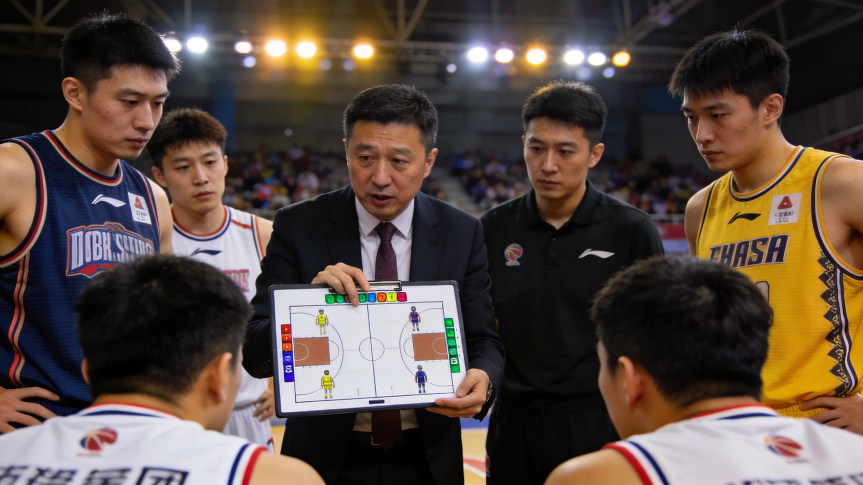 篮球比赛暂停时球员围在教练周围布置战术的画面