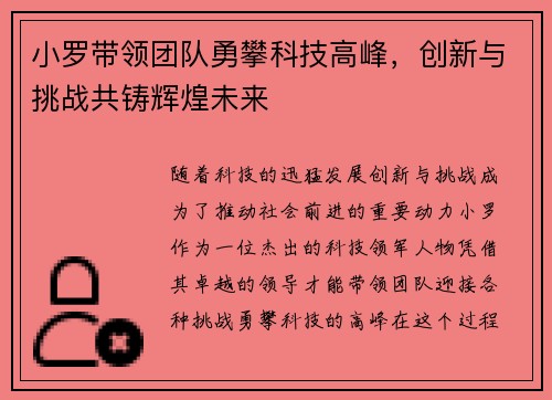 小罗带领团队勇攀科技高峰，创新与挑战共铸辉煌未来