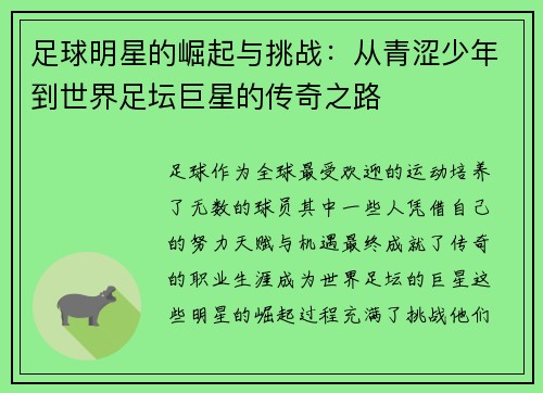 足球明星的崛起与挑战：从青涩少年到世界足坛巨星的传奇之路