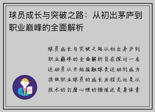 球员成长与突破之路：从初出茅庐到职业巅峰的全面解析